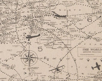 Maps & Planes Fabric: World, Flight Navigation, Flying Routes, Travel Maps, 100% Cotton Canvas