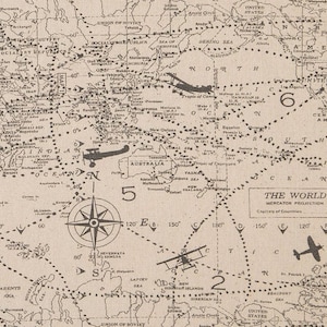 Maps & Planes Fabric - World - Flight Navigation - Flying - Travel Maps - Globe Prints - Vintage Look - 100% Cotton Duck Cloth