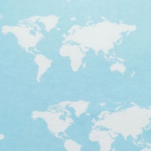 World Map in Clouds Fabric - Unique! - Continents - Regions - Oceans - Soft Blue Background - Mapping Fabric - 100%  Cotton FLANNEL