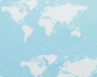 World Map in Clouds Fabric: Continents, Oceans, Regions, Mapping, 100% Cotton FLANNEL