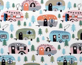 Girl Campers Fabric - Glamping - Vacation - America Travel - Retro Fabric - Campground - Blue, Gray and Pink - 100% Cotton Duck