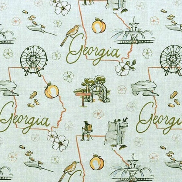 Vintage-style Georgia Fabric - Peach State - Atlanta - Savannah - Vidalia - GA Mountains - 100% Lightweight Cotton