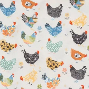 May include: A repeating pattern of colorful chickens on a cream background. The chickens are in various colors, including blue, orange, yellow, and black, with floral and geometric patterns. Small flowers are scattered throughout the design.
