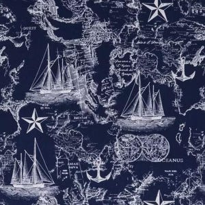 May include: Navy blue nautical-themed fabric with a repeating pattern of white sailboats, anchors, star shapes, and a world map design. The word "OCEANUS" is visible in the design. This fabric is suitable for various sewing and crafting projects.