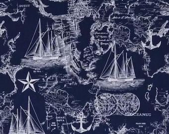 Navy Nautical Map Fabric: Coastal, Anchors, Globes, Sailboats, World Map, Ships, 100% Lightweight Cotton