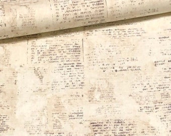 May include: A close-up of a beige fabric with a printed pattern of faded newspaper text. The fabric has a slightly textured surface.
