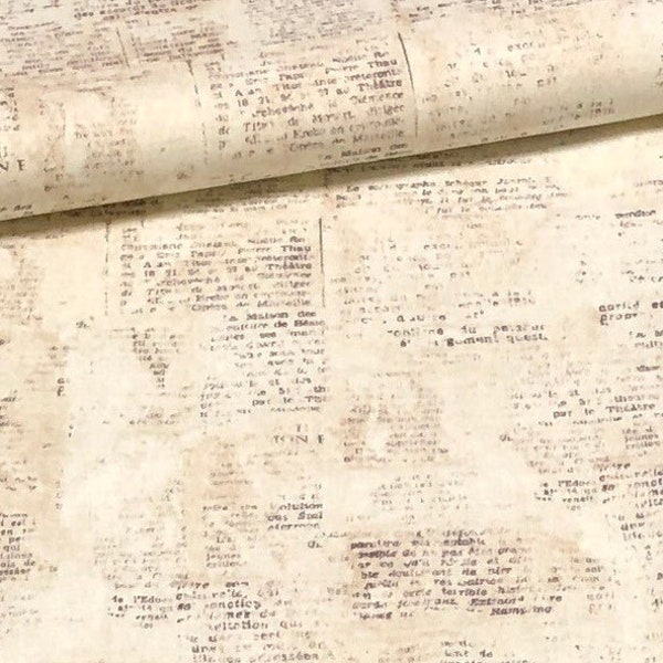 French Text Newspaper Fabric - Writing - Newsprint - Vintage Look - France Fabric - Antique Style - 100% Lightweight Cotton