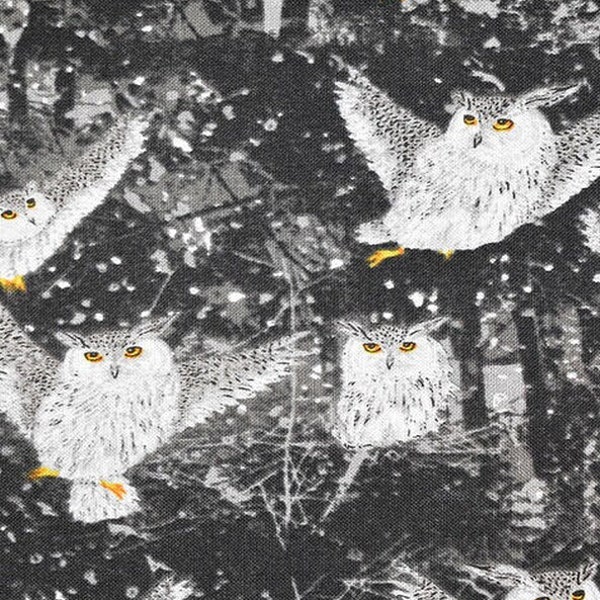 Midnight Owls Fabric - Forest - Trees - Night Creatures - Birds of Prey - Black Background - 100% Lightweight Cotton