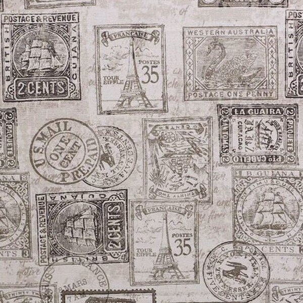 International Postage Fabric - Vintage Look - Stamps - Foreign Countries - Postmarks - Handwriting - 100% Cotton Lightweight Canvas