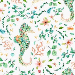 May include: Watercolor pattern featuring seahorses, flowers, and foliage in shades of green, pink, and coral on a white background. The design includes detailed illustrations of seahorses, coral, and various floral elements.