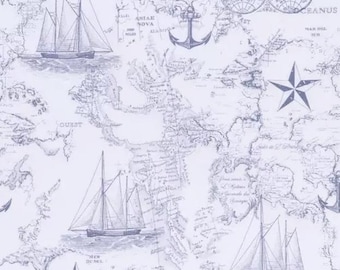 Nautical Map Fabric: Coastal Sailing Print, Ships, Anchors, Globes, 100% Lightweight Cotton
