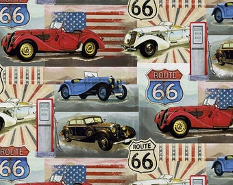 Vintage Cars, Flags & Route 66 Fabric: Scenic Byways, Old Autos, Americana, Road Trip, 100% Lightweight Cotton
