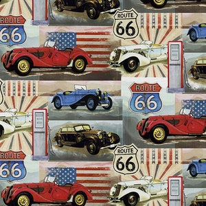 Vintage Cars, Flags & Route 66 Fabric - Scenic Byways - Old Autos - Americana - Road Trip Fabric - 100% Lightweight Cotton