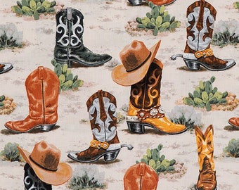 Cowboy Boots & Hats Fabric - Horses - Cactus - Cowgirl - Dude Ranch - Western Fabric - 100% Lightweight Cotton