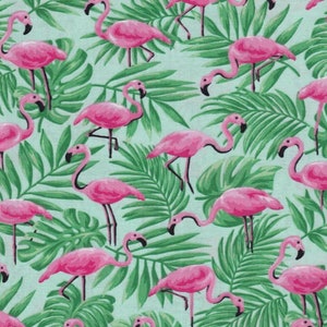 Flamingos & Palm Leaves Fabric - Tropical Birds - Caribbean - Florida - Beach Emblems - Palm Trees - 100% Lightweight Cotton