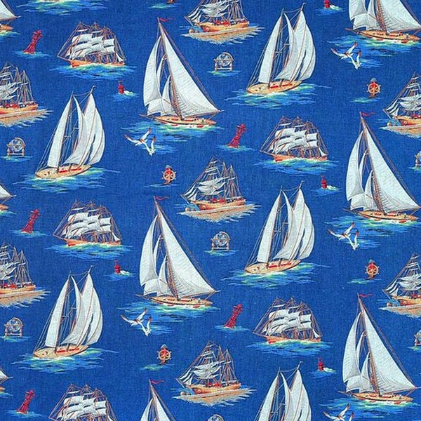 Sailboats Nautical Fabric - Seashore - Ocean - Buoys - Coastal - Sailing - Boating Fabric - 100% Lightweight Cotton