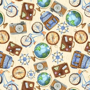 May include: Watercolor pattern featuring travel-themed elements. The design includes globes, compasses, cameras, suitcases, bicycles, and ship wheels in shades of brown, blue, and beige. The repeating pattern creates a vintage travel aesthetic.