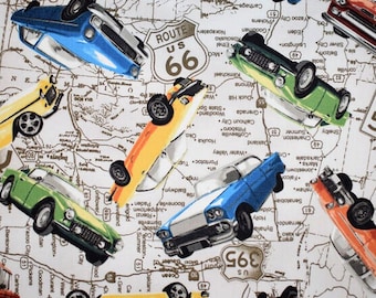 Last Yard! Route 66 & Retro Cars Fabric: Mid-century Autos, Maps, Road Trip Fabric, 100% Lightweight Cotton, 35 inches