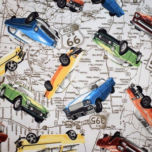 Route 66 & Retro Cars Fabric - Scenic Byways - Mid-century Autos - Maps - USA - Road Trip Fabric - 100% Lightweight Cotton