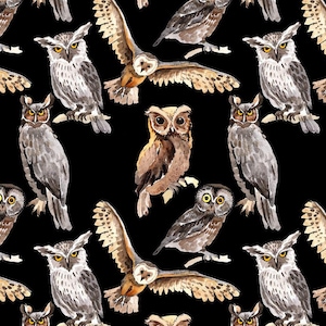 Parliament of Owls Fabric - Raptors - Night Creatures - Birds of Prey - Black Background - 100% Lightweight Cotton