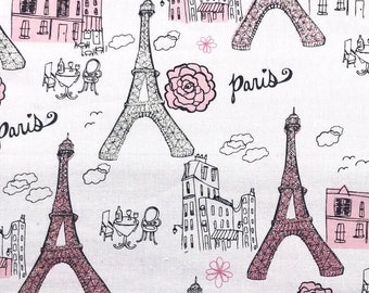 May include: A white background with a pink and black repeating pattern of the Eiffel Tower, buildings, and the word "Paris".