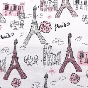Glitter Paris Fabric: Eiffel Tower, Cafe, Flowers, France, Lightweight Cotton
