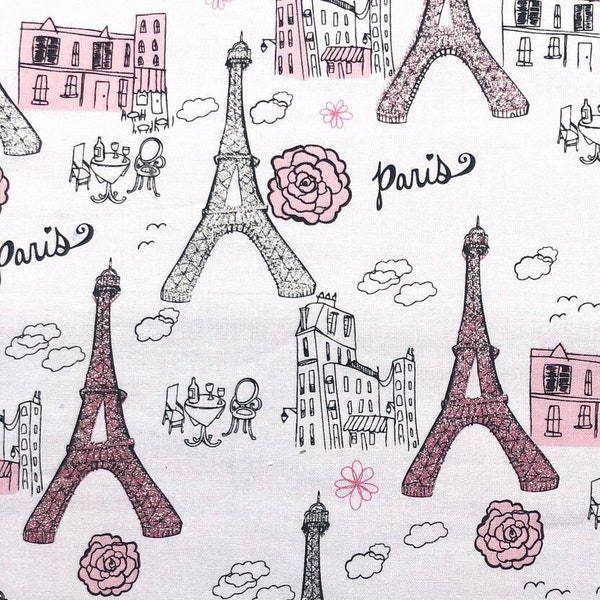 Glitter Paris Fabric - Eiffel Tower - Cafe - Flowers - France - City of Lights - French Fabric - 100% Lightweight Cotton, No Shed Glitter
