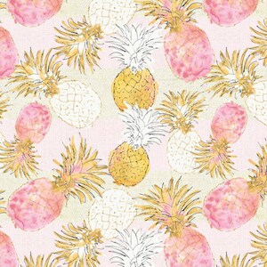 Pink Pineapples Fabric: Beach,  Seashore, Tropical Fruit, 100% Lightweight Cotton