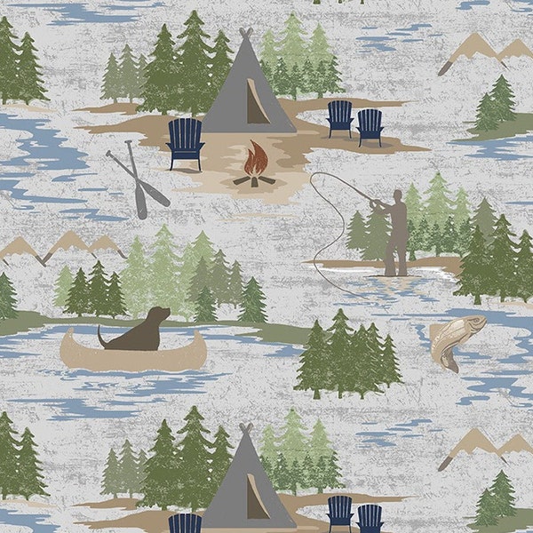 On Lake Time Fabric - by Clothworks - Fishing - Trees - Canoes - Tee Pee - Lakeside - Outdoors Fabric - 100% Lightweight Cotton