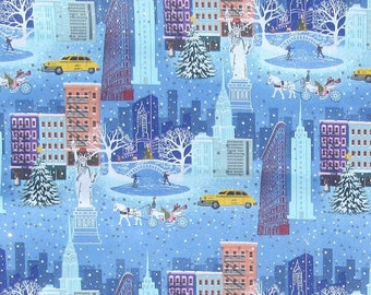 New York City Scene Fabric - Manhattan - Central Park - Famous Buildings - Landmarks - with Non-Shed Glitter - 100% Lightweight Cotton