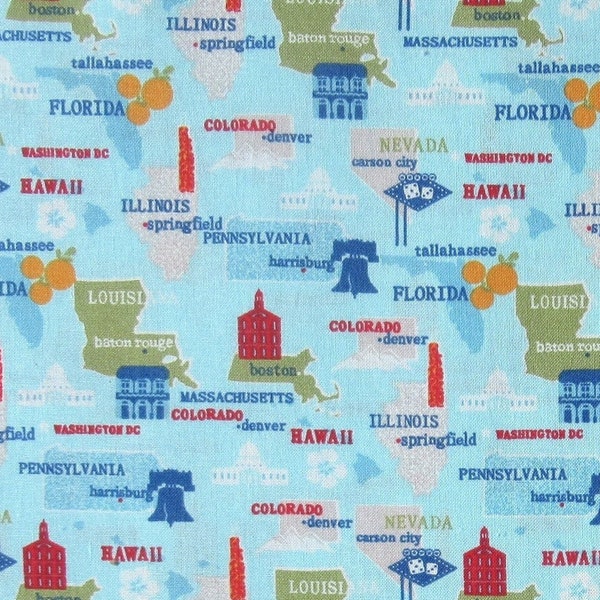 30 OFF! - States & Capitols Fabric - USA - American States - Cities - United States Symbols - 100% Lightweight Cotton