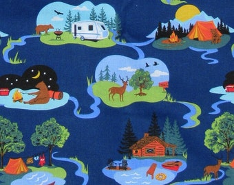 Night Camping Fabric: Cabin, Lake, Tents, Wildlife, Outdoors Vacation, 100% Lightweight Cotton