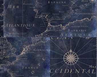 Midnight Ocean Map Fabric: Nautical, Compass, High Seas , Navigation, Europa, 100% Lightweight Cotton