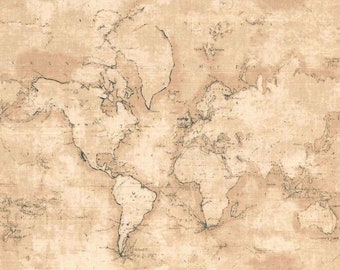 Antique World Map Fabric: Many Countries & Continents, Classic Style, 100% Lightweight Cotton