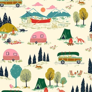 Camping in the Woods Fabric - by Dear Stella - Tents - Wildlife - Mountains - Campfire - Canoes - Retro Look - 100% Lightweight Cotton