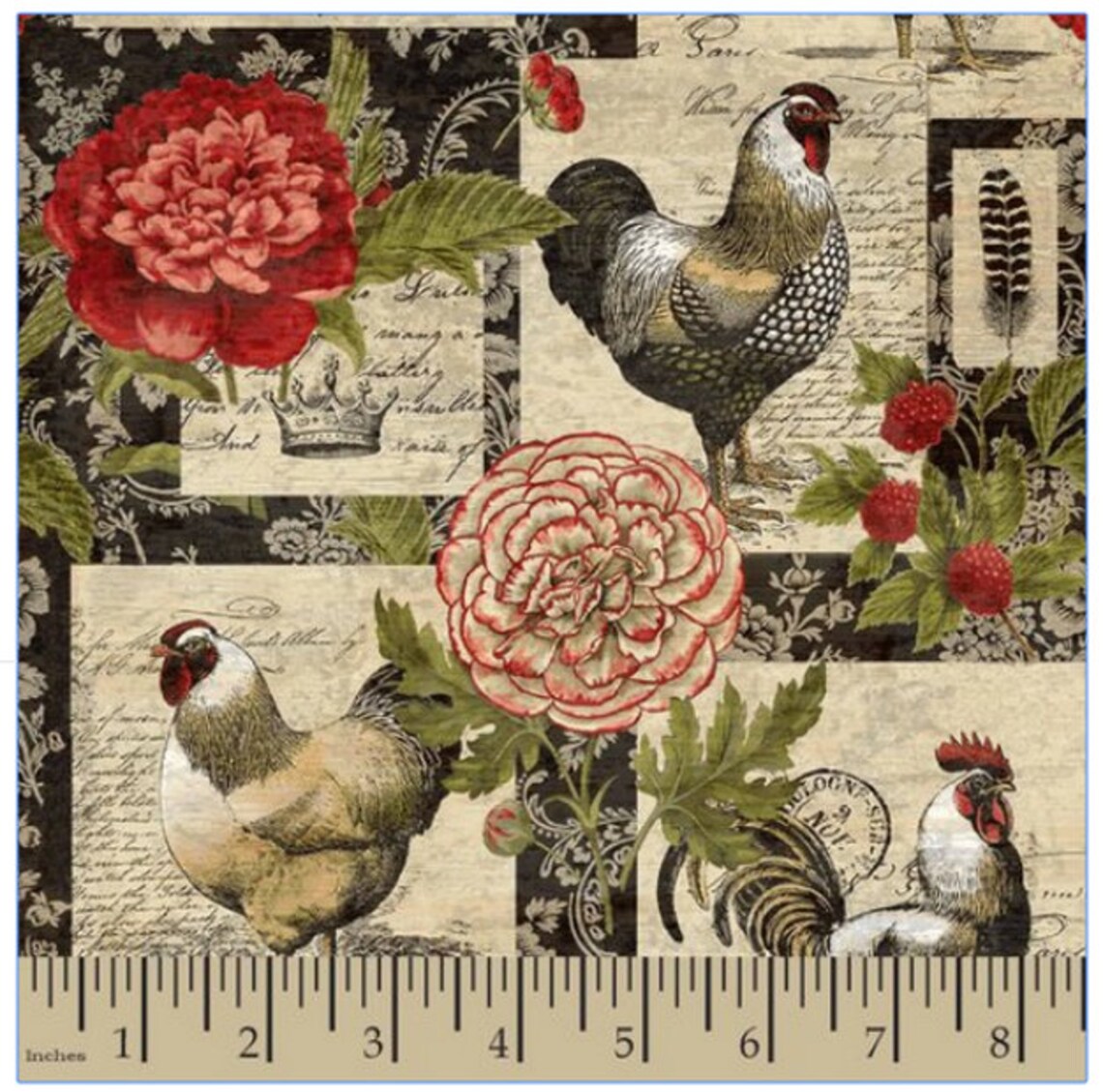 French Country Rooster Fabric Chickens Roses Farm Etsy