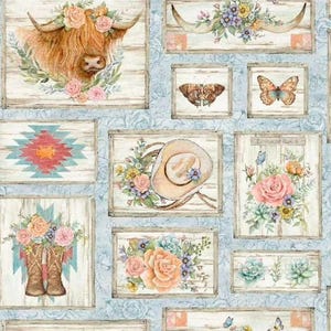 May include: A fabric panel with a repeating pattern of rustic, floral, and western-themed illustrations. The design includes images of a longhorn, butterflies, a cowboy hat, and floral arrangements, all set against a light blue background with a floral pattern.