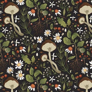 Woodlands Mushrooms Fabric - Wilderness - Forest - Nature - Flowers - Foliage - Daisies -  Outdoors - 100% Lightweight Cotton