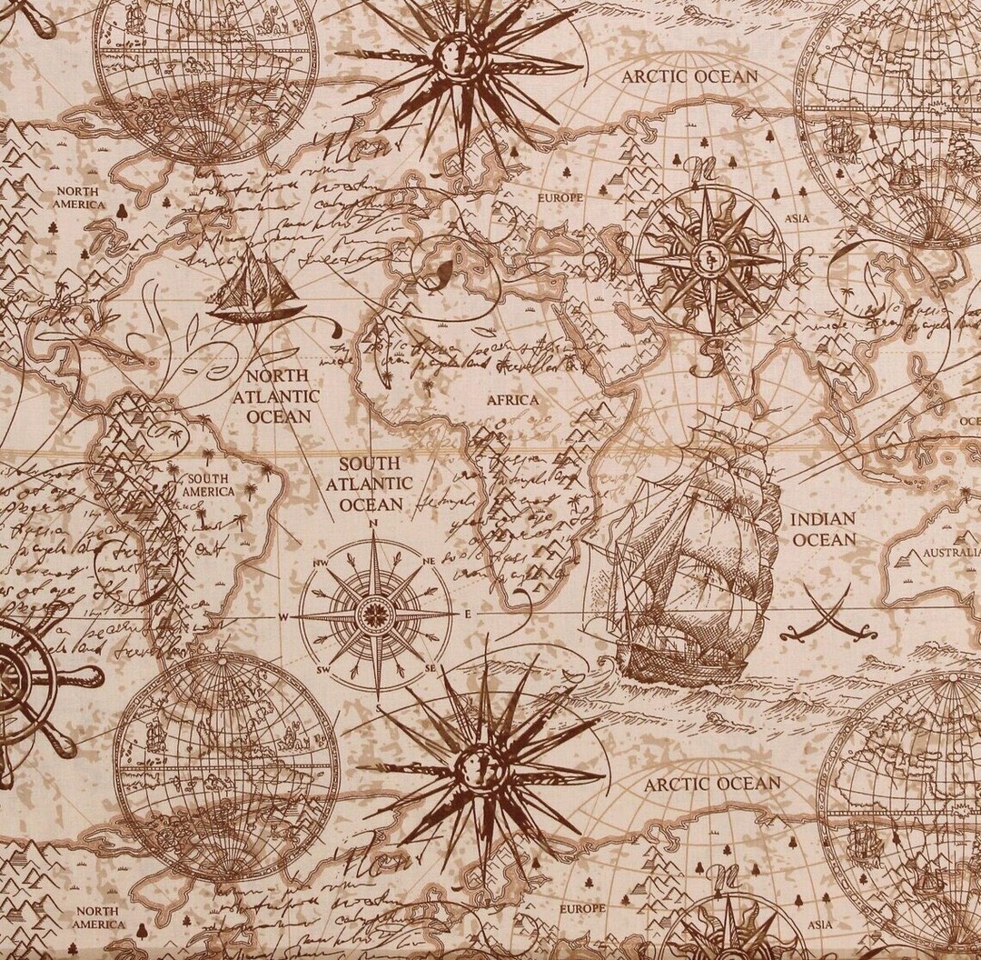Old World Map Fabric Vintage Style Compass Oceans Etsy