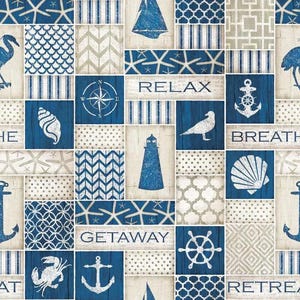 May include: A nautical-themed patchwork design featuring blue and white squares with various coastal motifs. Includes images of sailboats, anchors, seashells, and the words "RELAX" and "GETAWAY". The design has a distressed, vintage aesthetic.
