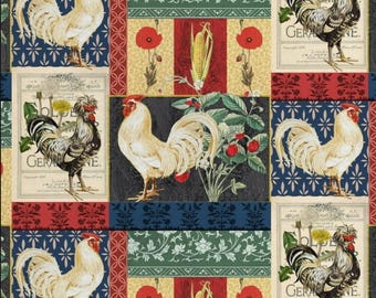 Regal Roosters Fabric: Patchwork-style, Collage, France, Damask , Newsprint, Farm, 100% Lightweight Cotton
