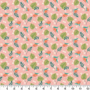May include: A repeating pattern of tropical leaves and flowers in shades of green, orange, and white on a pink background. The design includes large, stylized green leaves, orange bird-of-paradise flowers, and small white flowers.