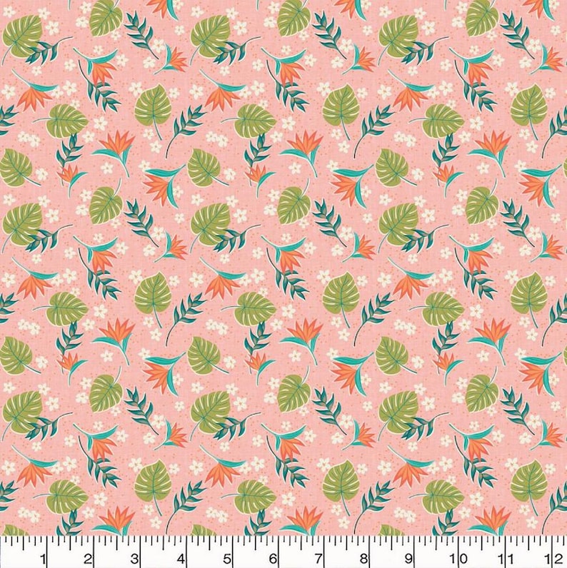 May include: A repeating pattern of tropical leaves and flowers in shades of green, orange, and white on a pink background. The design includes large, stylized green leaves, orange bird-of-paradise flowers, and small white flowers.