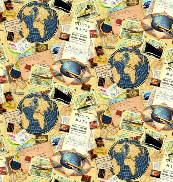Bon Voyage Travel Fabric: Vintage Globes, Maps, Postcards - Kate Thacker Lightweight Cotton PRE CUT