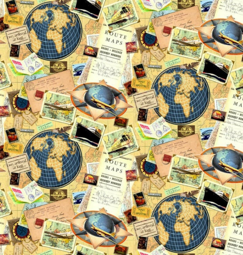 May include: A vintage travel themed fabric with a repeating pattern of globes, maps, compasses, airplanes, and postcards. The background is a light yellow color. The text on the fabric reads "ROUTE MAPS" and "we arrived at last".