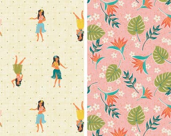 May include: Two fabric patterns. The first features repeating illustrations of a woman in a hula skirt, with a yellow background and small brown polka dots. The second pattern has a pink background with tropical flowers and leaves.