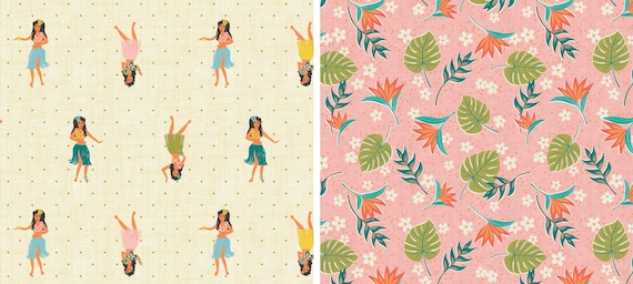 Hula Tropical Fabric Combo: Aloha, Hawaiian Islands, Maui, Tiki, South Pacific, 100% Lightweight Cotton, Half Yard+ of Each