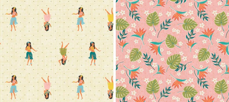 May include: Two fabric patterns. The first features repeating illustrations of a woman in a hula skirt, with a yellow background and small brown polka dots. The second pattern has a pink background with tropical flowers and leaves.