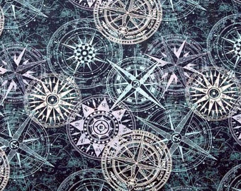 2 REMNANTS, Compass Collage Fabric: Navigation, Seafaring, Maps, Orienteering, 100% Lightweight Cotton