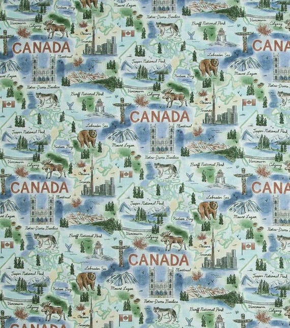 Canada Landmarks Fabric:  Toronto, Montreal, Vancouver, Banff, Totem Pole, Maple Leaf, 100% Lightweight Cotton